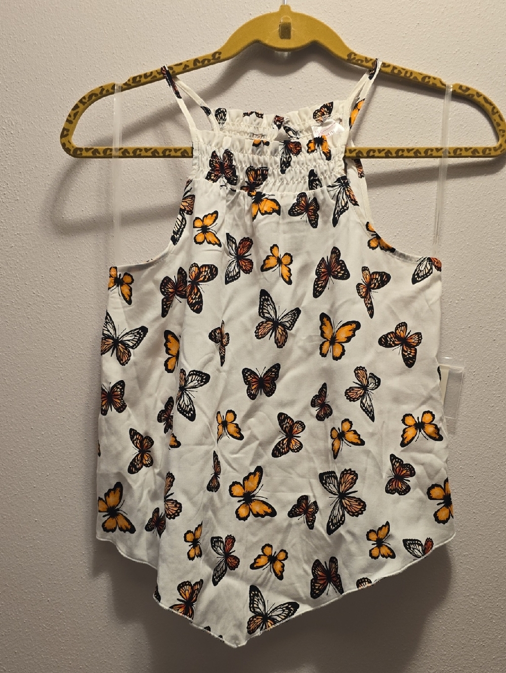 No Boundaries White Halter Top with Orange and Black Butterfly Print